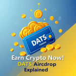 Blue wallet overflowing with gold crypto tokens, promoting DATS airdrop and crypto earning opportunities.