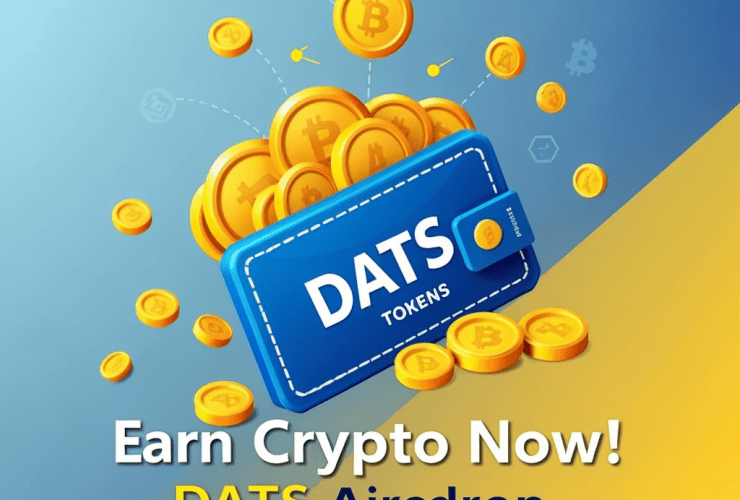 Blue wallet overflowing with gold crypto tokens, promoting DATS airdrop and crypto earning opportunities.