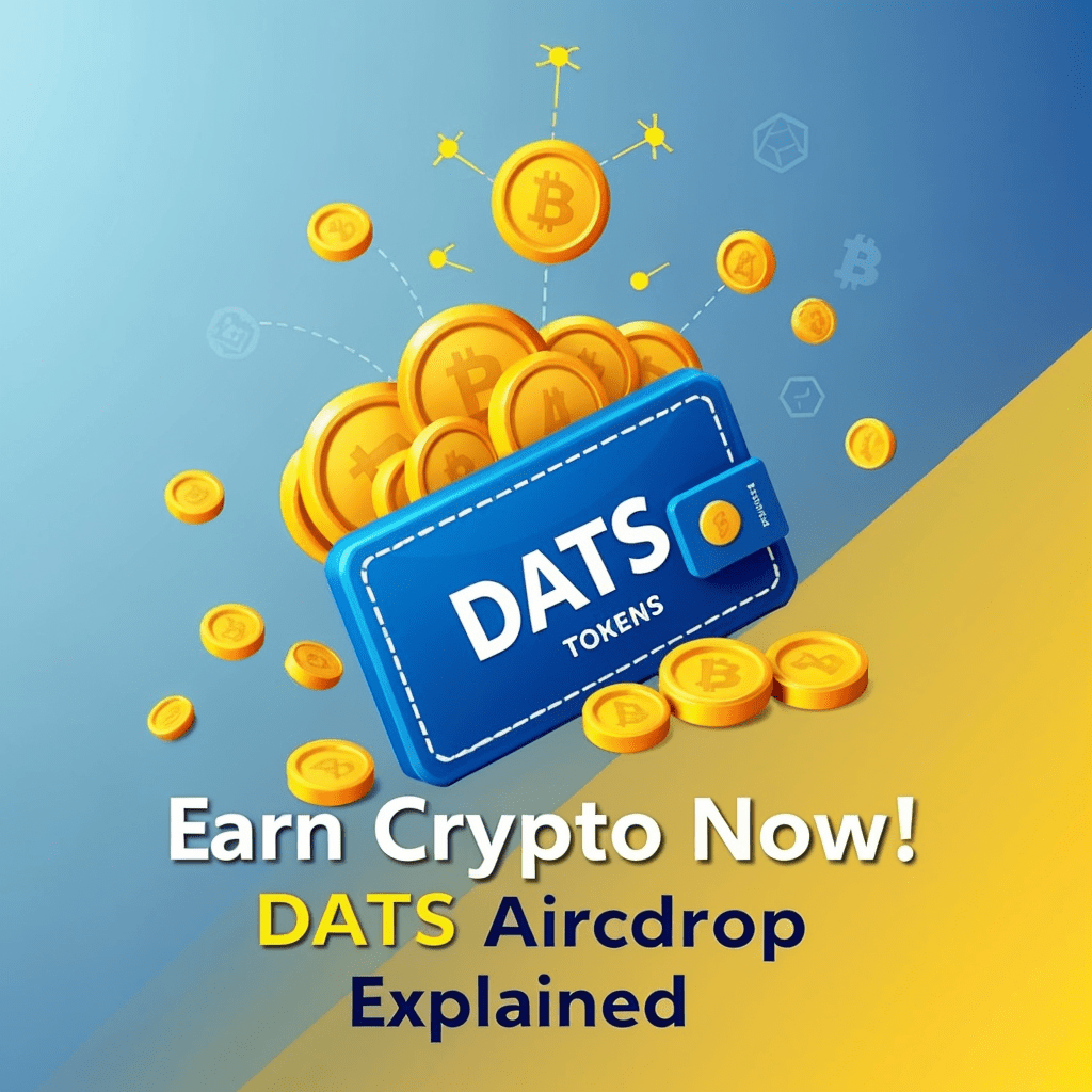 Blue wallet overflowing with gold crypto tokens, promoting DATS airdrop and crypto earning opportunities.