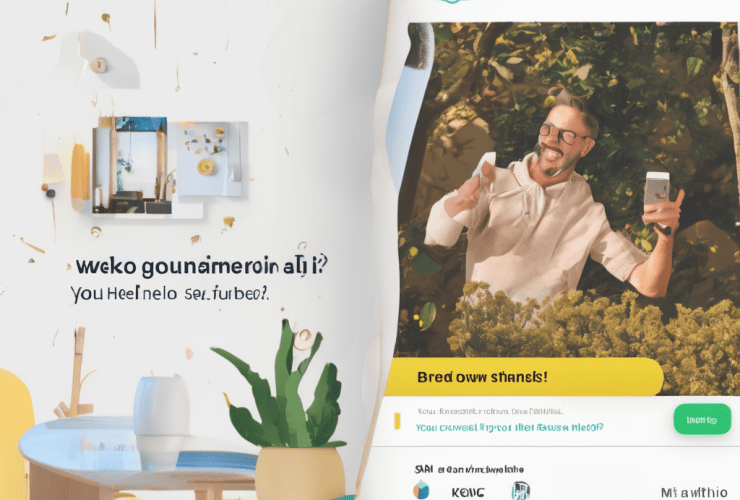 Man taking a selfie outdoors, surrounded by a stylish interior design setting, highlighting a home improvement promotion.