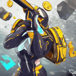 Cybernetic figure in dark and light-yellow armor, aiming at flying bitcoin symbols.