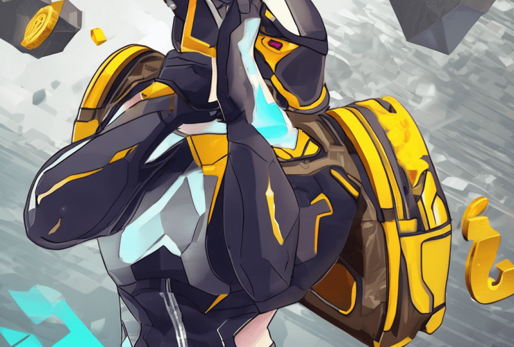 Cybernetic figure in dark and light-yellow armor, aiming at flying bitcoin symbols.
