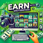 Illustration of a computer screen displaying Shutterstock earning opportunities, a camera, stacks of money, a keyboard, and a smartphone, suggesting ways to earn money with photography.