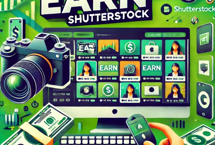 Illustration of a computer screen displaying Shutterstock earning opportunities, a camera, stacks of money, a keyboard, and a smartphone, suggesting ways to earn money with photography.