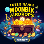 Promotional graphic for a free Binance Moonbix airdrop, showcasing a treasure chest overflowing with 10000 free Bitcoins.