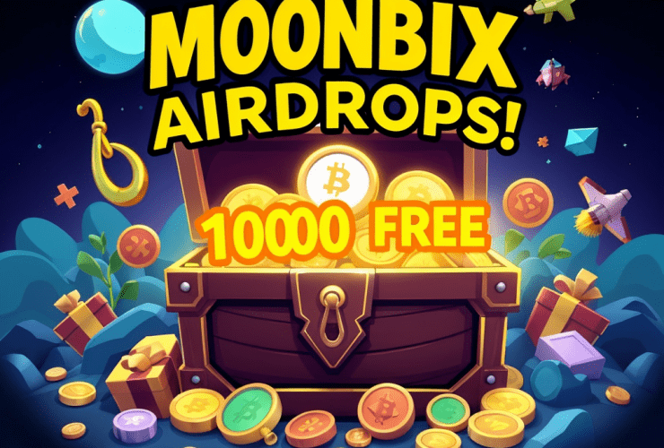 Promotional graphic for a free Binance Moonbix airdrop, showcasing a treasure chest overflowing with 10000 free Bitcoins.