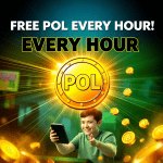 Person using a tablet, celebrating free POL cryptocurrency awarded hourly.