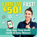 Woman holding smartphone, promoting a guide to earning $50 quickly.