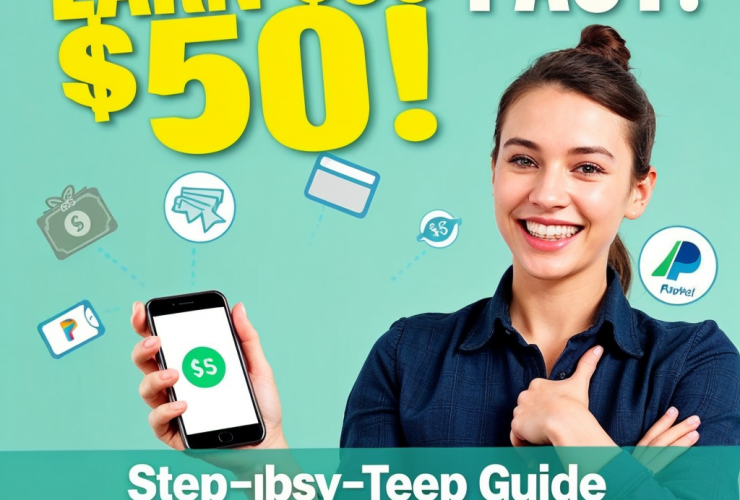 Woman holding smartphone, promoting a guide to earning $50 quickly.