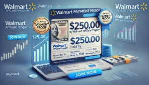 Verified payment proof showing $250 payout from Walmart Affiliate Program through PayPal on November 1, 2024, encouraging readers to join and start earning commissions by promoting Walmart products.