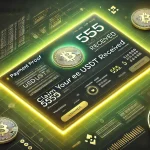 An attractive young woman holding a smartphone displaying a Bitcoin symbol, symbolizing cryptocurrency earnings online.