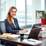Confident woman working on technical writing projects at a modern desk, showcasing the professional and rewarding nature of technical writing jobs.