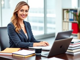 Confident woman working on technical writing projects at a modern desk, showcasing the professional and rewarding nature of technical writing jobs.