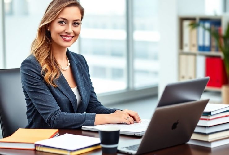 Confident woman working on technical writing projects at a modern desk, showcasing the professional and rewarding nature of technical writing jobs.