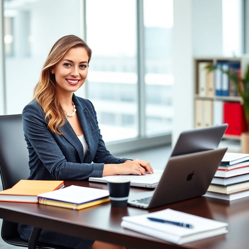 Confident woman working on technical writing projects at a modern desk, showcasing the professional and rewarding nature of technical writing jobs.