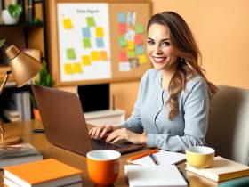 Confident woman working on creative writing projects at her desk, surrounded by books and a vision board, showcasing the perfect creative writing job setup.
