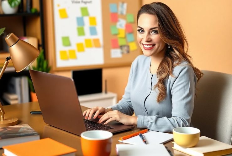 Confident woman working on creative writing projects at her desk, surrounded by books and a vision board, showcasing the perfect creative writing job setup.