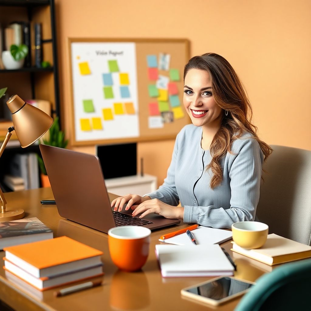 Confident woman working on creative writing projects at her desk, surrounded by books and a vision board, showcasing the perfect creative writing job setup.