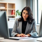 Professional woman in a grey blazer working at a desk, editing and proofreading jobs documents on her computer with a serious expression in a modern office setting.