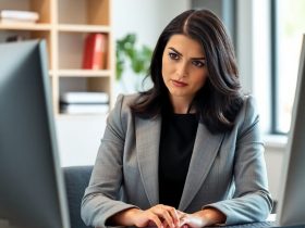 Professional woman in a grey blazer working at a desk, editing and proofreading jobs documents on her computer with a serious expression in a modern office setting.