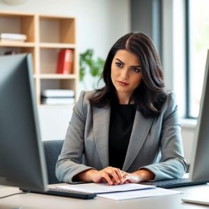 Professional woman in a grey blazer working at a desk, editing and proofreading jobs documents on her computer with a serious expression in a modern office setting.