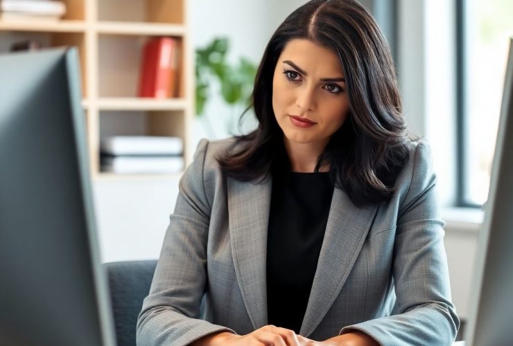 Professional woman in a grey blazer working at a desk, editing and proofreading jobs documents on her computer with a serious expression in a modern office setting.