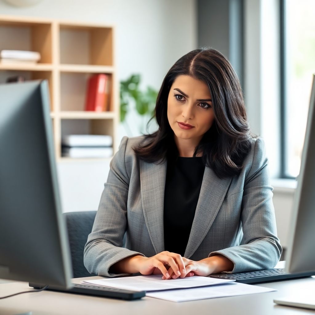 Professional woman in a grey blazer working at a desk, editing and proofreading jobs documents on her computer with a serious expression in a modern office setting.