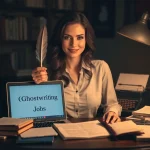 A beautiful woman in a red dress sits at a desk in a modern office, surrounded by papers and a computer, working on ghostwriting jobs with a cityscape visible through the window.