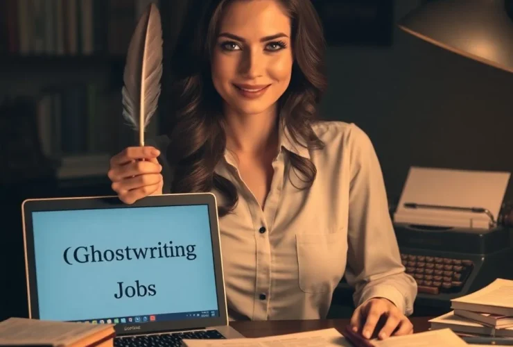 A beautiful woman in a red dress sits at a desk in a modern office, surrounded by papers and a computer, working on ghostwriting jobs with a cityscape visible through the window.
