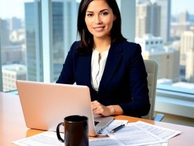 A professional woman in a navy blazer and white blouse sits at a modern office desk, focused on her laptop and scattered grant proposal documents, with a cityscape visible through large windows in the background.