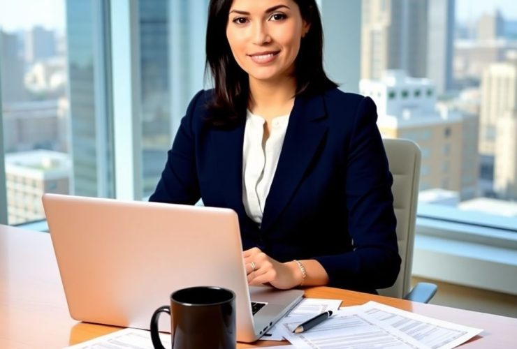 A professional woman in a navy blazer and white blouse sits at a modern office desk, focused on her laptop and scattered grant proposal documents, with a cityscape visible through large windows in the background.