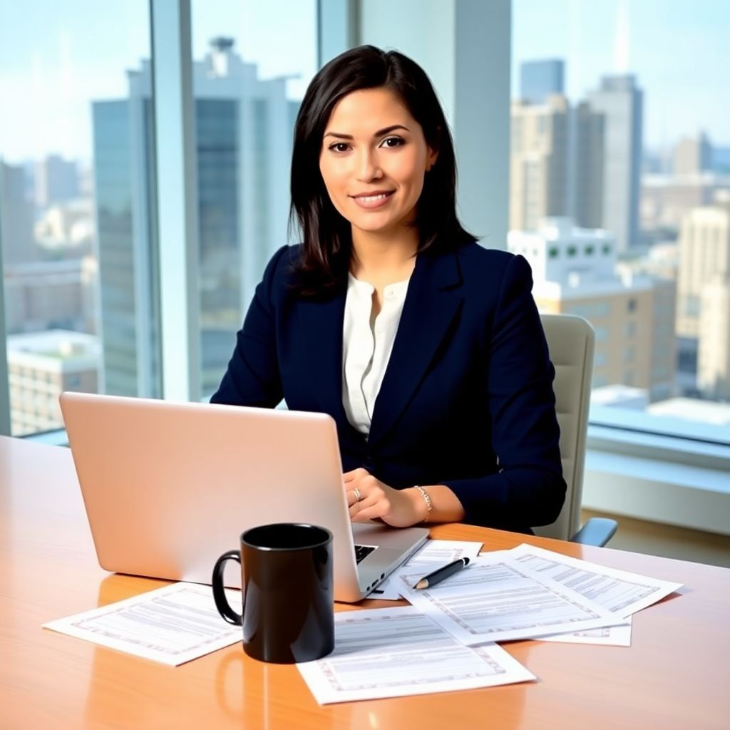 A professional woman in a navy blazer and white blouse sits at a modern office desk, focused on her laptop and scattered grant proposal documents, with a cityscape visible through large windows in the background.