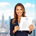 A professional woman in a suit holding a resume, standing confidently in an office with a city skyline in the background, symbolizing career success and resume writing expertise.