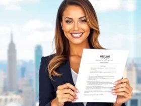 A professional woman in a suit holding a resume, standing confidently in an office with a city skyline in the background, symbolizing career success and resume writing expertise.