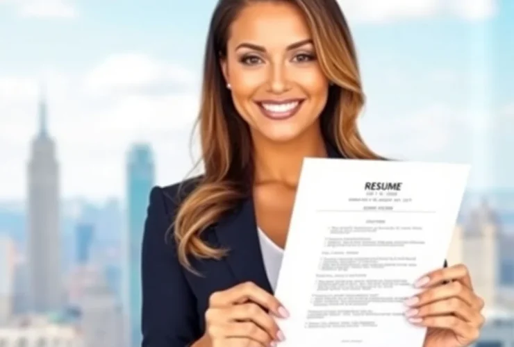 A professional woman in a suit holding a resume, standing confidently in an office with a city skyline in the background, symbolizing career success and resume writing expertise.