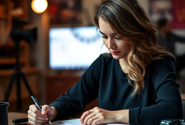 A beautiful woman with long, wavy hair sits at a desk, writing a script with focus. She’s in a cozy room with bookshelves and a cityscape view, capturing the essence of scriptwriting jobs.