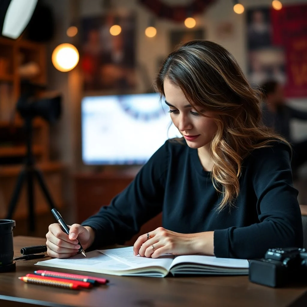A beautiful woman with long, wavy hair sits at a desk, writing a script with focus. She’s in a cozy room with bookshelves and a cityscape view, capturing the essence of scriptwriting jobs.