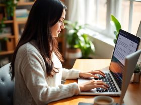 A woman typing on a laptop with transcription software open, working from a cozy, sunlit home office, showcasing the flexibility of transcription services jobs.