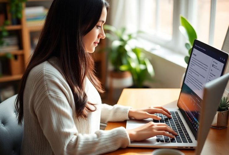 A woman typing on a laptop with transcription software open, working from a cozy, sunlit home office, showcasing the flexibility of transcription services jobs.