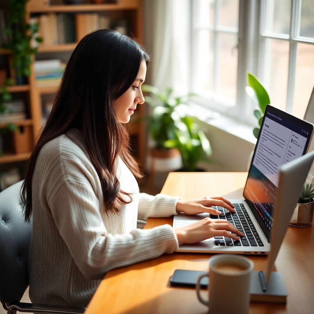 A woman typing on a laptop with transcription software open, working from a cozy, sunlit home office, showcasing the flexibility of transcription services jobs.