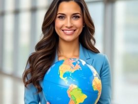 Beautiful woman with wavy brown hair smiling, holding a blue globe in a professional setting, symbolizing global communication for translation services.