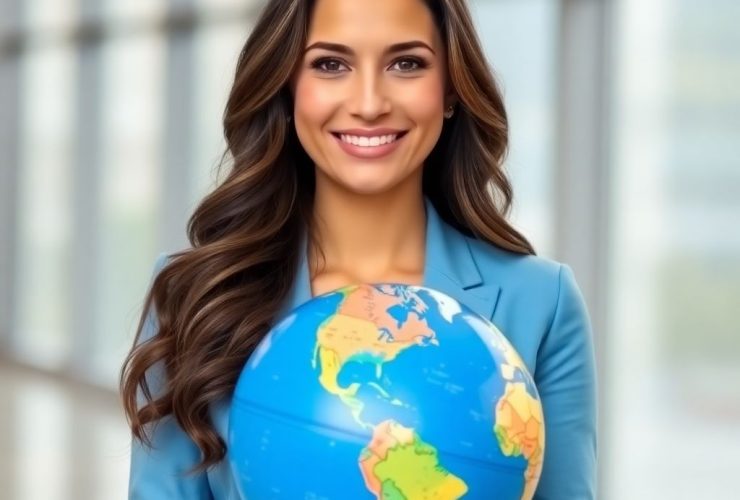 Beautiful woman with wavy brown hair smiling, holding a blue globe in a professional setting, symbolizing global communication for translation services.