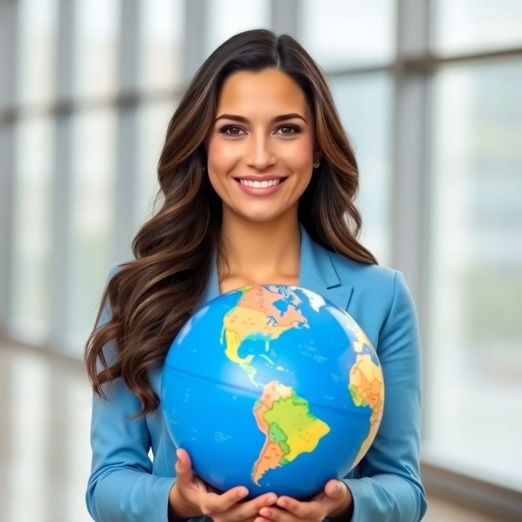 Beautiful woman with wavy brown hair smiling, holding a blue globe in a professional setting, symbolizing global communication for translation services.
