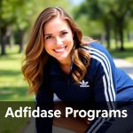 A stunning woman in an Adidas track jacket promoting Adidas affiliate programs top reasons in 2025, smiling outdoors in a park.