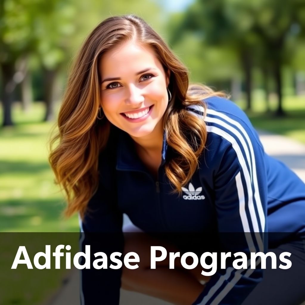 A stunning woman in an Adidas track jacket promoting Adidas affiliate programs top reasons in 2025, smiling outdoors in a park.