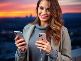 "Smiling woman with long brown hair holding an iPhone with a portable charger, set against a stunning sunset city skyline, promoting top affiliate marketing tips for iPhone accessories."