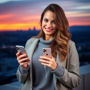 "Smiling woman with long brown hair holding an iPhone with a portable charger, set against a stunning sunset city skyline, promoting top affiliate marketing tips for iPhone accessories."