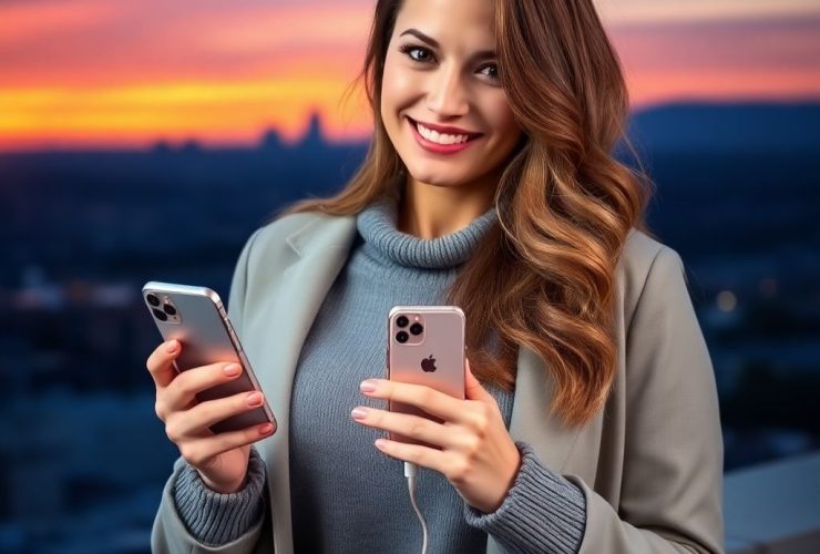 "Smiling woman with long brown hair holding an iPhone with a portable charger, set against a stunning sunset city skyline, promoting top affiliate marketing tips for iPhone accessories."