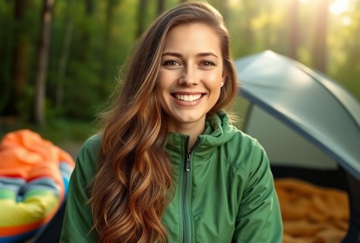Smiling woman in a green jacket enjoying a camping trip with top Amazon Affiliate Program camping gear for beginners, set against a scenic forest background.