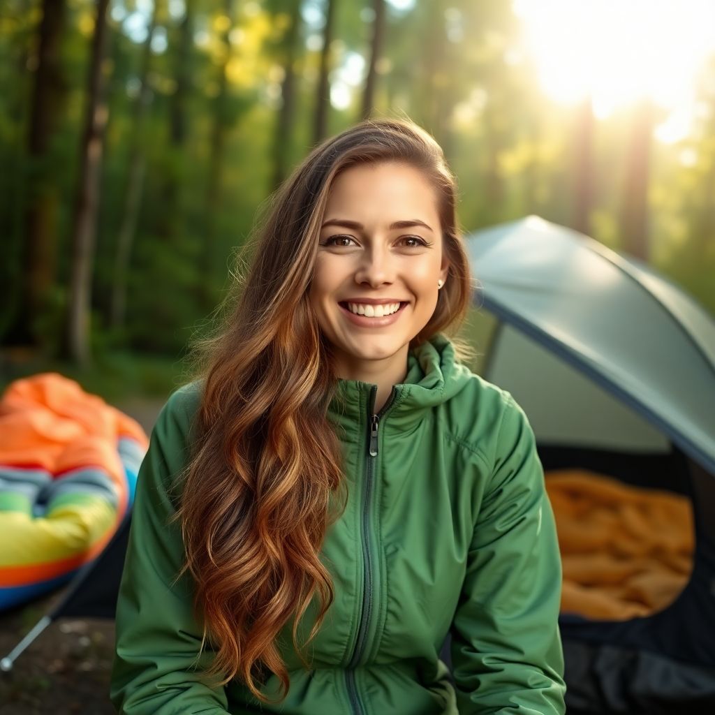 Smiling woman in a green jacket enjoying a camping trip with top Amazon Affiliate Program camping gear for beginners, set against a scenic forest background.